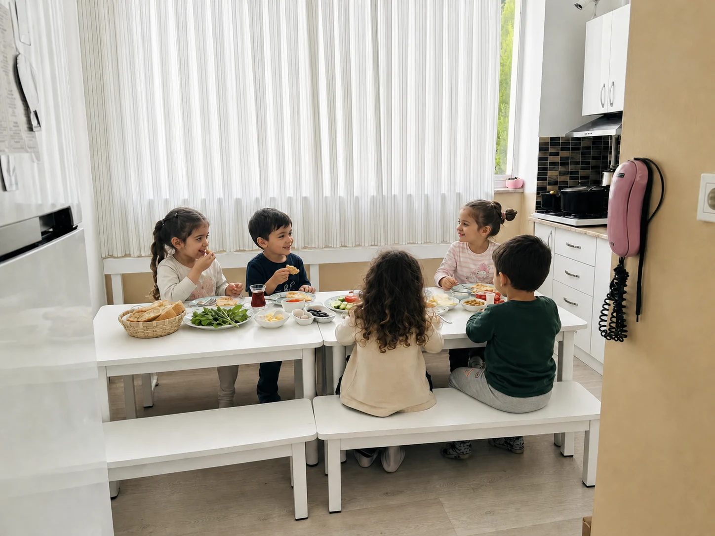 Okulumuzun mutfak alanında birlikte kahvaltı yapan çocuklar