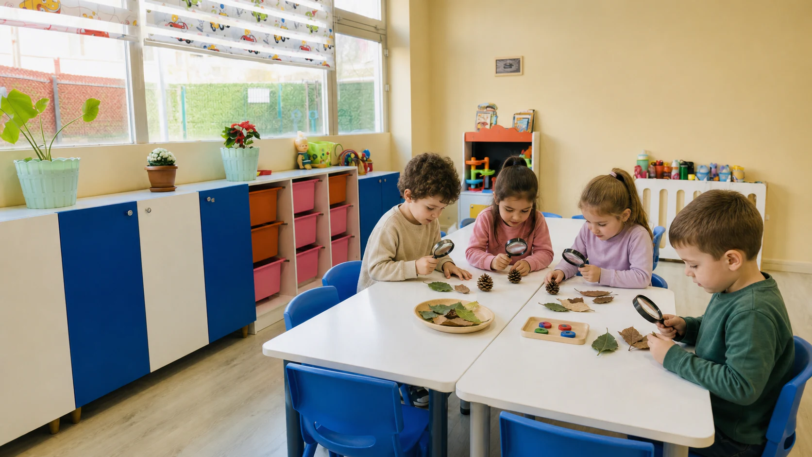 Gerçek sınıfımızda doğa materyallerini inceleyen çocuklar