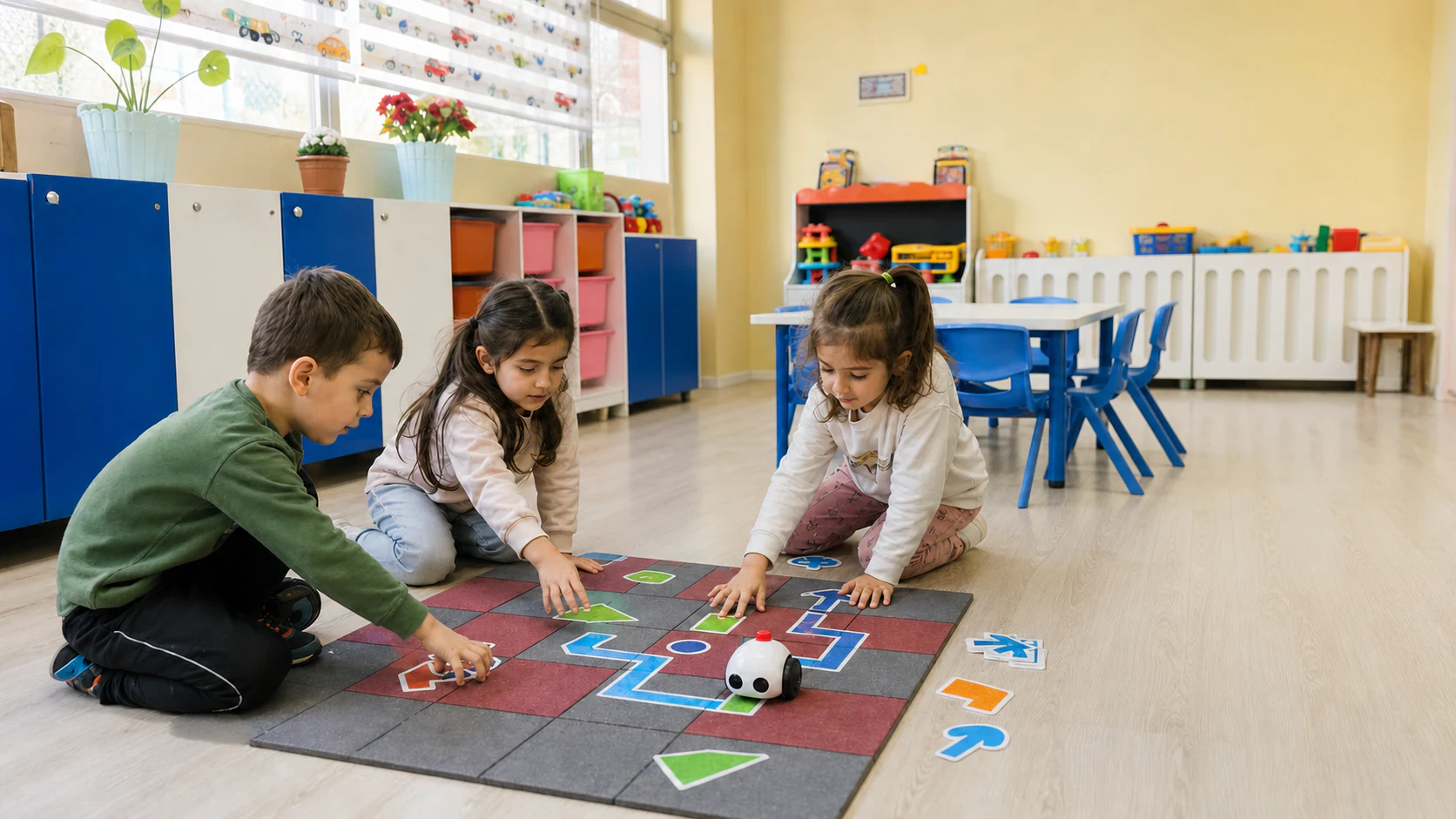 Sınıfımızda ekransız robotik kodlama etkinliği yapan çocuklar